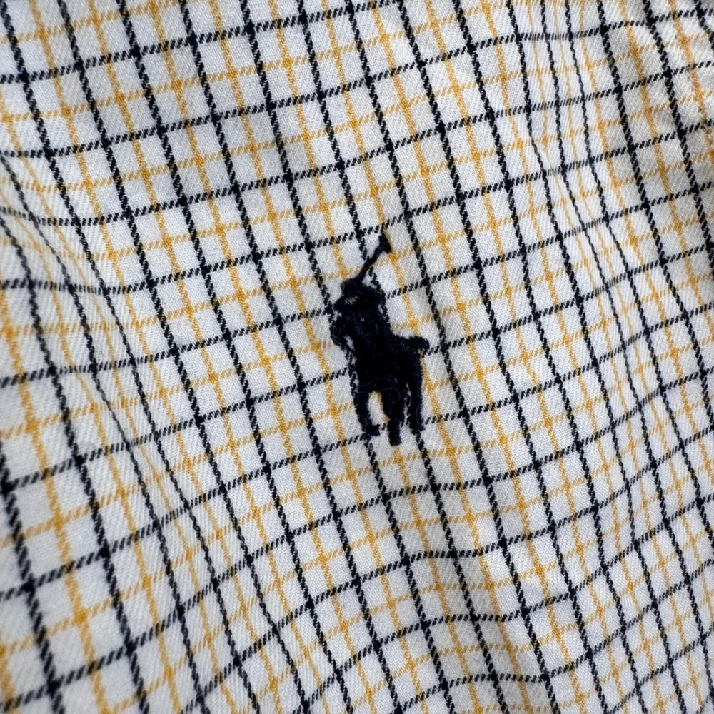Ralph Lauren Boys Plaid Button Down Shirt Tan Navy Yellow Size L 14-16 Cotton